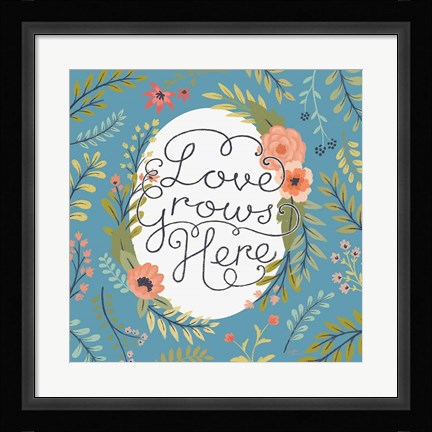 Framed Retro Garden II - Love Grows Here Blue Print