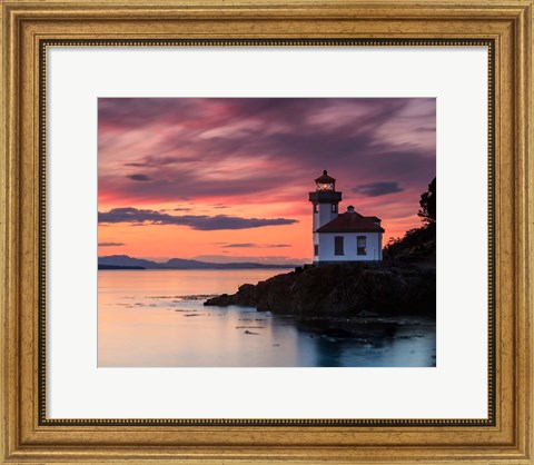Framed Orange Sunset at Lime Kiln Lighthouse Print