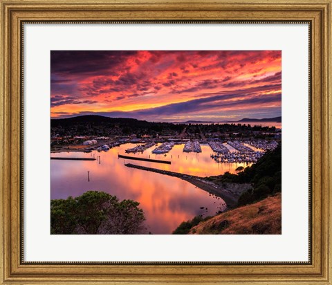 Framed Red Sunset Over Harbor Print