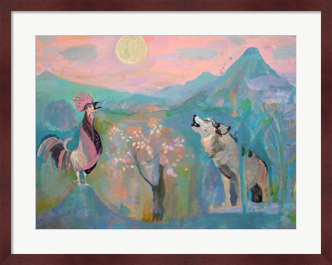 Framed Wolf and the Rooster Sing by Moonlight Print