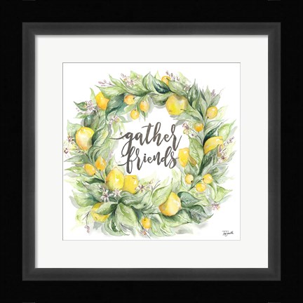 Framed Watercolor Lemon Wreath Gather Friends Print