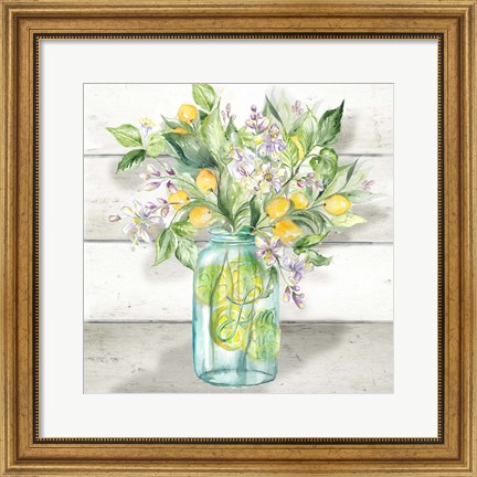 Framed Watercolor Lemons in Mason Jar on shiplap Print