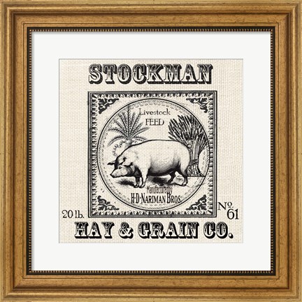 Framed Farmhouse Grain Sack Label Pig Print