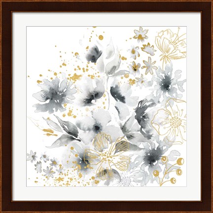 Framed Watercolor Gray and Gold Floral Print