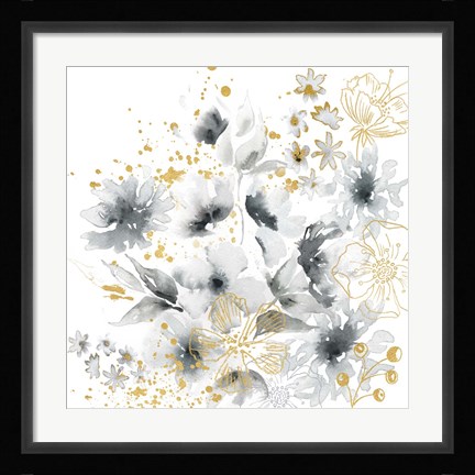 Framed Watercolor Gray and Gold Floral Print
