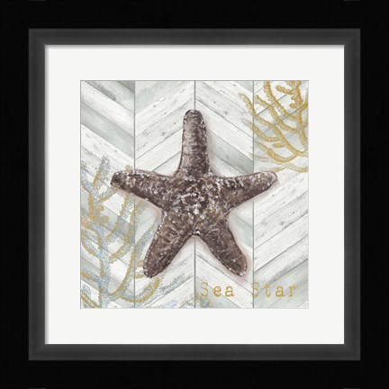 Framed Gray Gold Chevron Star Fish Print