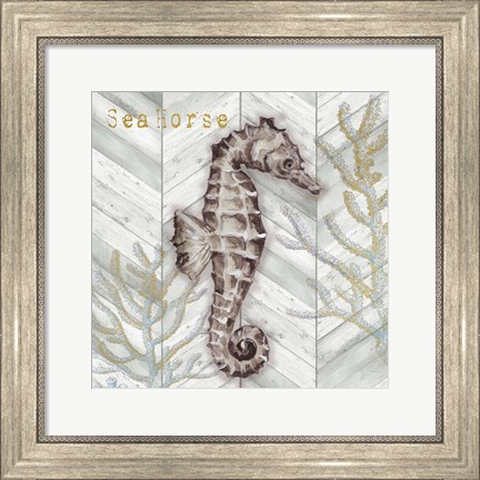 Framed Gray Gold Chevron Seahorse Print