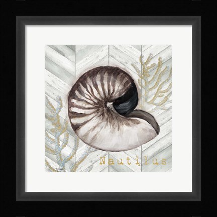 Framed Gray Gold Chevron Nautilus Shell Print