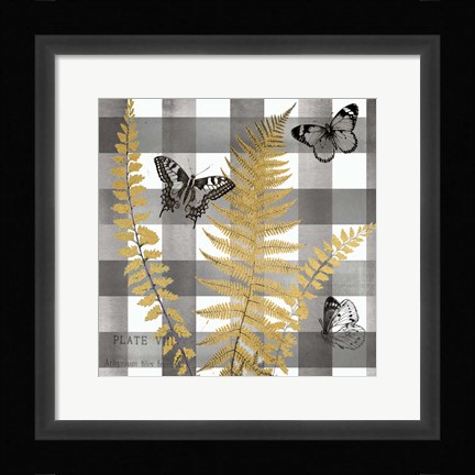 Framed Buffalo Check Ferns and Butterflies Neutral I Print