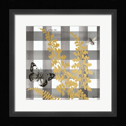 Framed Buffalo Check Ferns and Butterflies Neutral II Print