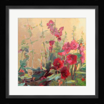 Framed Red Haven Hollyhocks Print