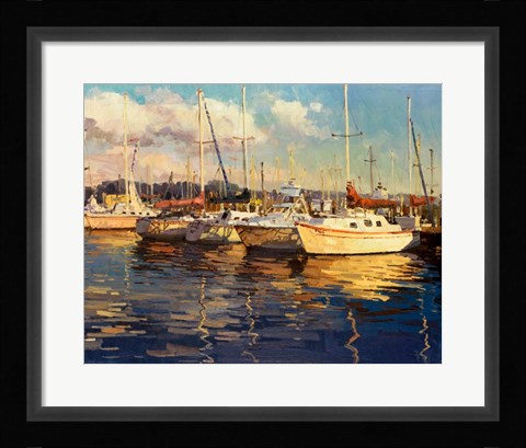 Framed Boats on Glassy Harbor Print