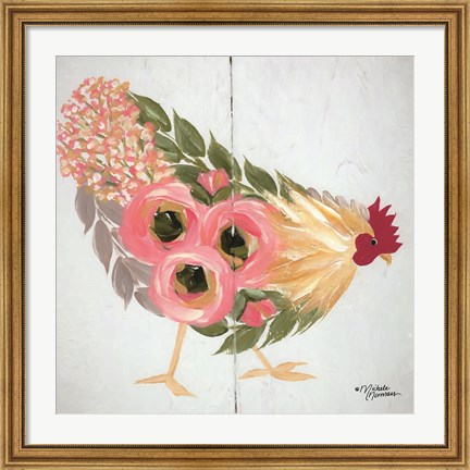 Framed Floral Hen on White Print