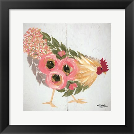 Framed Floral Hen on White Print