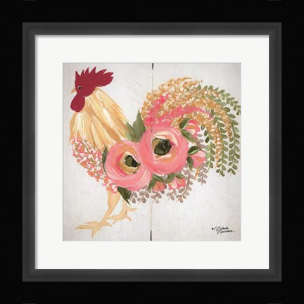 Framed Floral Rooster on White Print
