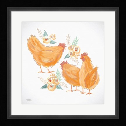 Framed Trio of Floral Roosters Print