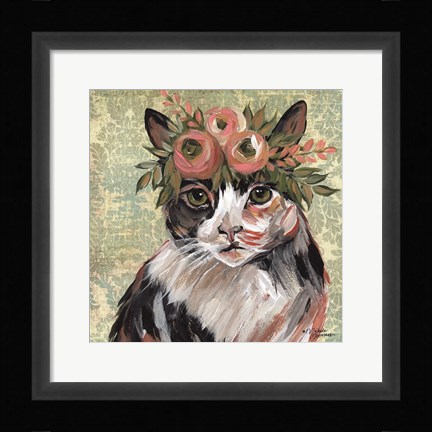 Framed Cat with Floral Crown Print