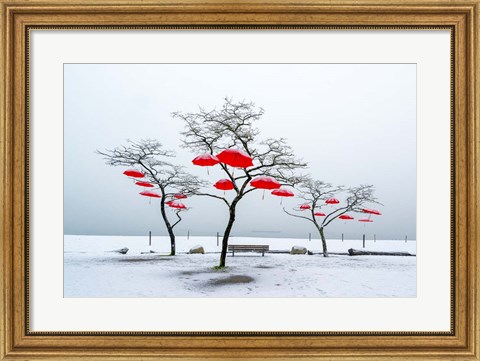 Framed Red Umbrellas Print
