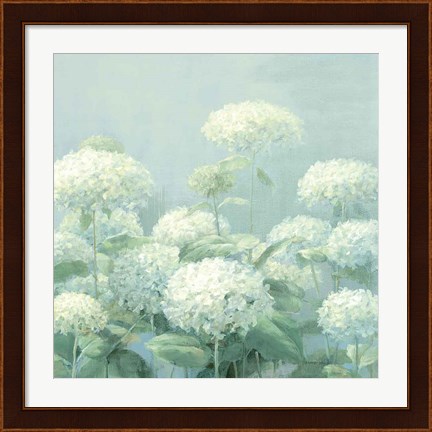 Framed White Hydrangea Garden Sage Crop Print