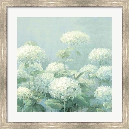 Framed White Hydrangea Garden Sage Crop Print