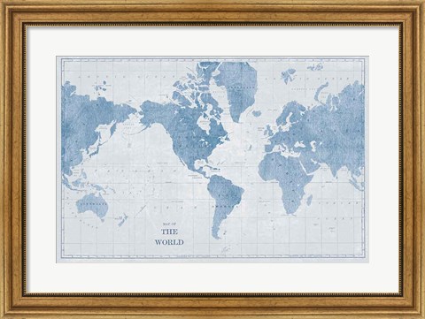 Framed World Map White and Blue Print