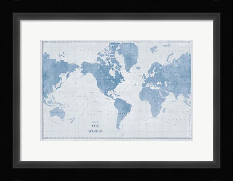 Framed World Map White and Blue Print