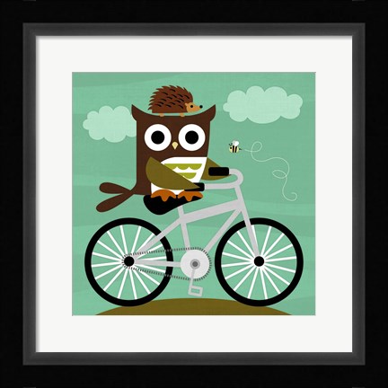 Framed Owl and Hedgehog on Bicycle Print