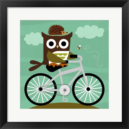 Framed Owl and Hedgehog on Bicycle Print