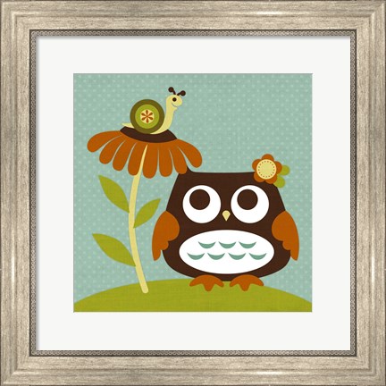 Framed Owl Looking at Snail Print