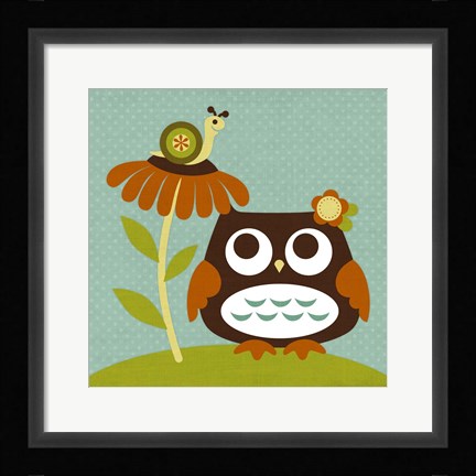 Framed Owl Looking at Snail Print