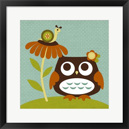 Framed Owl Looking at Snail Print