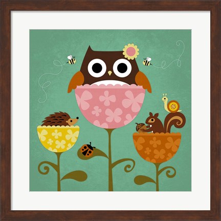 Framed Owl, Squirrel and Hedgehog in Flowers Print
