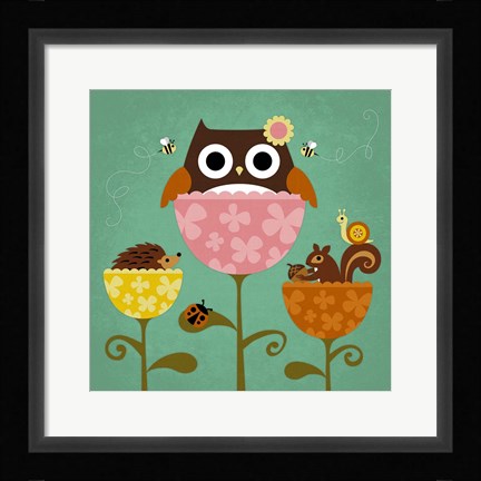 Framed Owl, Squirrel and Hedgehog in Flowers Print