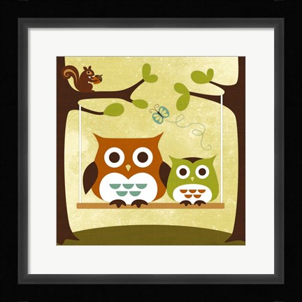 Framed Two Owls on Swing Print