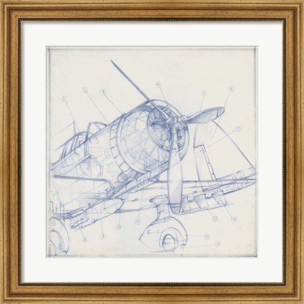 Framed Airplane Mechanical Sketch I Print