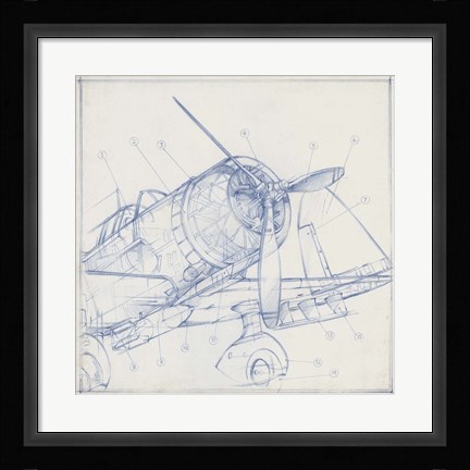 Framed Airplane Mechanical Sketch I Print