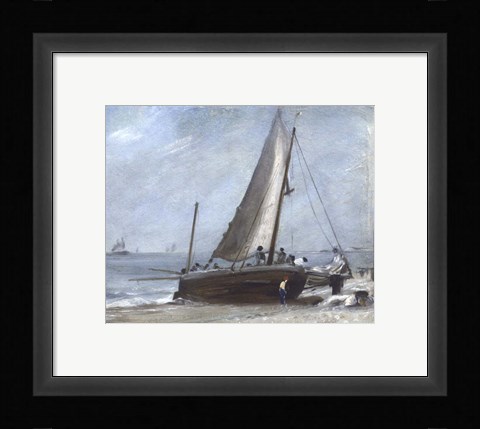 Framed Brighton Beach with Fishing Boats and Crew Print