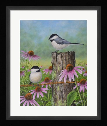 Framed Chickadees and Coneflowers Print