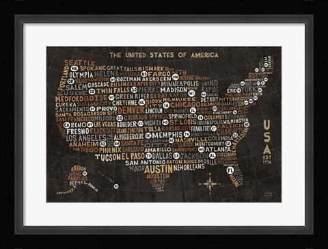 Framed US City Map Black Print