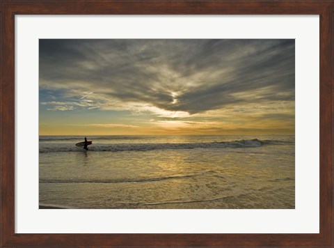 Framed Sunrise On Surfer With Board Walking Through Shore Waves, Cape May NJ Print