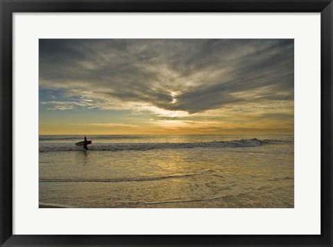Framed Sunrise On Surfer With Board Walking Through Shore Waves, Cape May NJ Print