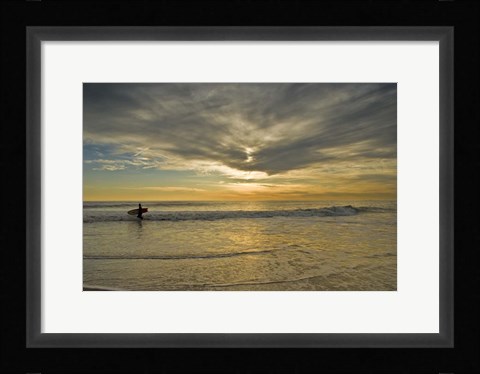 Framed Sunrise On Surfer With Board Walking Through Shore Waves, Cape May NJ Print