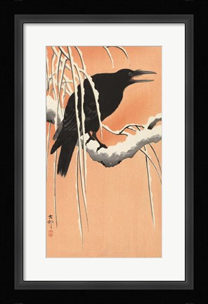 Framed Crow on a Snowy Bough, 1900-1930 Print