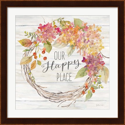 Framed Farmhouse Hydrangea Wreath Spice II Happy Place Print