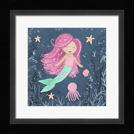 Framed Mermaid and Octopus Navy I Print