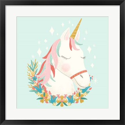 Framed Unicorns and Flowers I Print