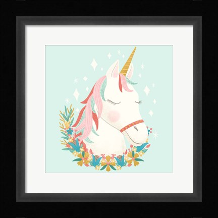 Framed Unicorns and Flowers I Print