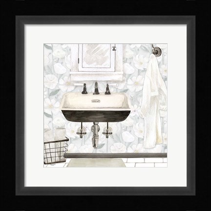 Framed White Floral Bath I Print