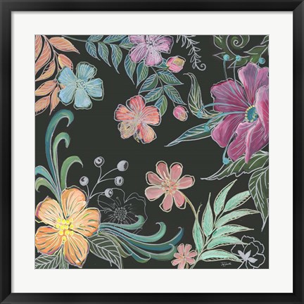 Framed Boho Florals on Black II Print