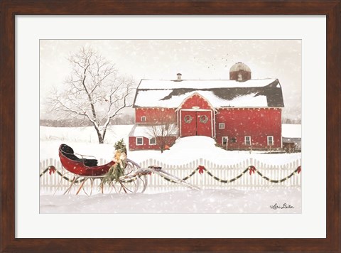 Framed Christmas Barn with Sleigh Print